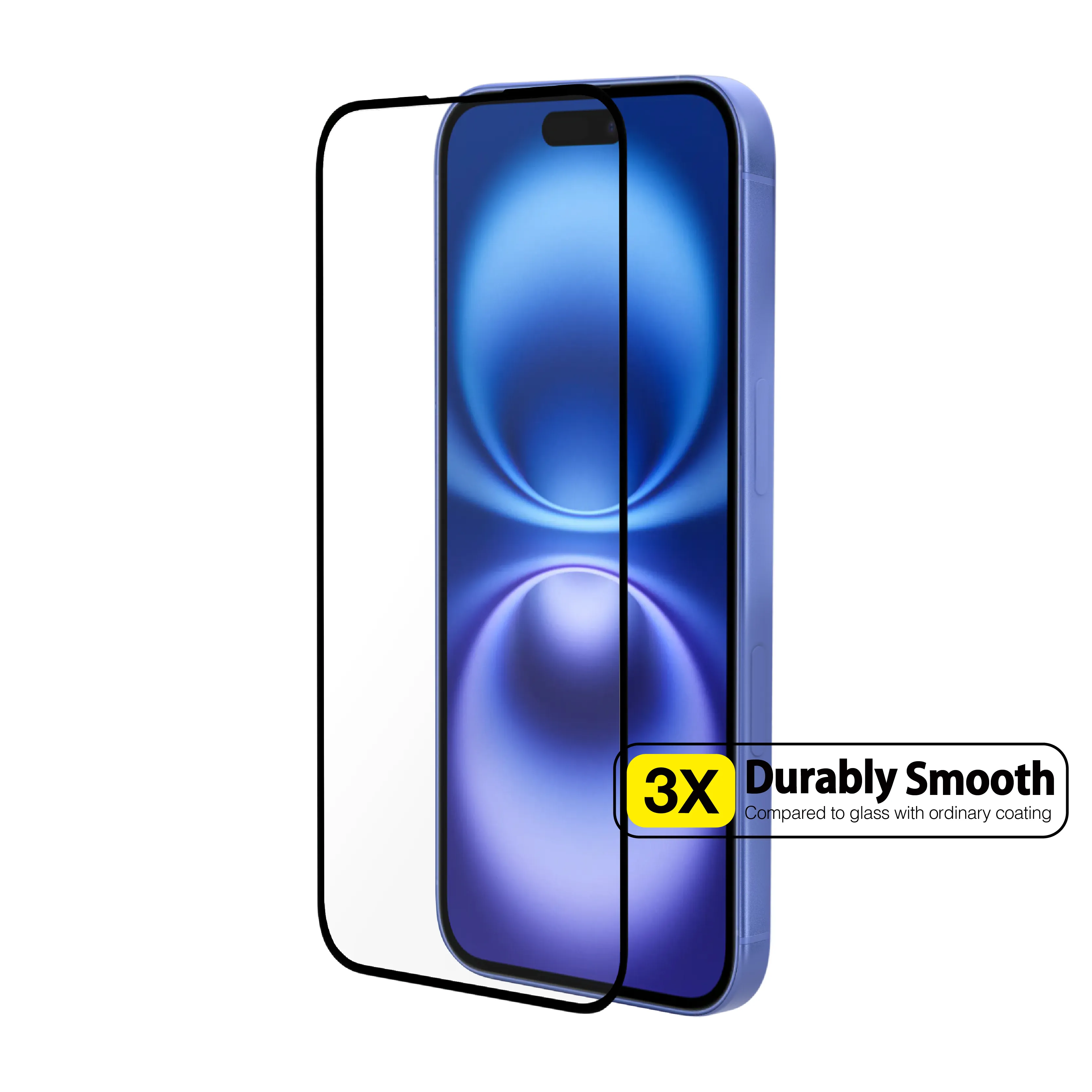 Skärmskydd i glas för iPhone 16 Plus visas framför telefonen, kant-till-kant med svart ram och utskärning för skärmöppning.