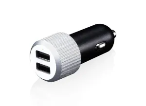 Just Mobile Highway Max Dual-USB-Autoladegerät mit silbernen Akzenten und zwei USB-Anschlüssen auf weißem Hintergrund