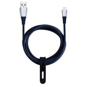 Just Mobile ZinCable, geflochtenes Lightning-Kabel mit USB-A-Anschluss und Kabelbinder, aufgewickelt in Schwarz und Blau dargestellt