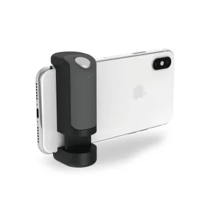 Just Mobile Shutter Grip Telefon-Kameragriff, befestigt an einem iPhone, mit kabellosem Fernauslöser für stabilere Aufnahmen.