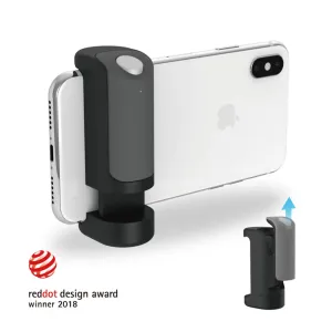 Just Mobile Shutter Grip an einem iPhone montiert, mit ergonomischem Smartphone-Kameragriff und Fernauslöser.