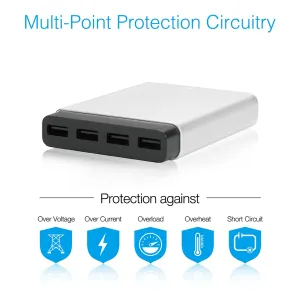 Just Mobile aluCharge silbernes USB-Ladegerät mit vier Anschlüssen und schwarzer Frontblende zum Laden mehrerer Geräte