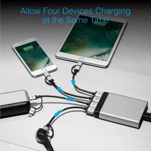 Just Mobile aluCharge USB-Ladegerät, das vier Geräte gleichzeitig mit Strom versorgt, dargestellt mit Smartphone und Tablet.