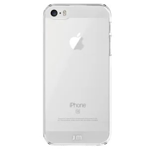 Just Mobile TENC transparent iPhone SE-skal med precisa utskärningar och slimmad passform, som visar Apple-logotypen och ger åtkomst till kameran