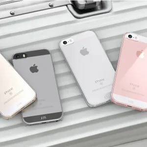 Just Mobile TENC transparent skal för iPhone SE, visat på fyra telefoner med exakta utskärningar och slimmad passform.