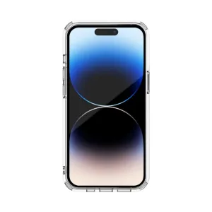 Just Mobile TENC transparent iPhone 14 Pro-skal med skärmskydd, visat monterat på en telefon