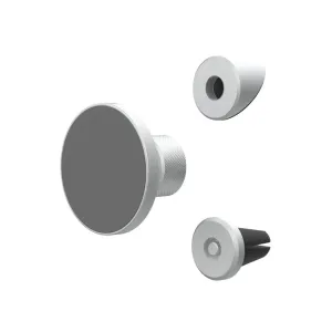 Just Mobile AluDisc Go magnetische Autohalterung in Silber und Grau, abgebildet mit separaten Montageteilen
