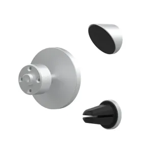 Explosionsansicht der magnetischen Autohalterung Just Mobile aluDisc Go mit silberner runder Basis und schwarzen Clips