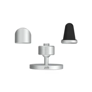 Just Mobile aluDisc Go magnetische Autohalterung in Silber und Schwarz, in drei Teilen mit 360-Grad-Drehbasis dargestellt