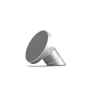Just Mobile AluDisc Go magnetische Autohalterung mit silberner und dunkelgrauer Oberfläche, runder Halterung und abgewinkeltem Sockel