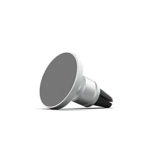 Just Mobile AluDisc Go magnetische Autohalterung mit silberner runder Vorderseite und schwarzer Lüftungshalterung auf weißem Hintergrund