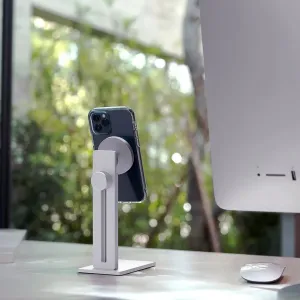 Just Mobile Smartphone-Ständer mit magnetischer Halterung, der ein Smartphone auf einem silbernen Aluminium-Schreibtischsockel hält