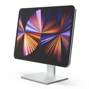 Just Mobile aluDisc Max Tablet-Ständer mit 360°-Drehung, der ein Tablet auf einer Basis aus gebürstetem Aluminium hält.
