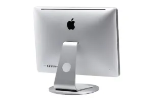 Just Mobile AluDisc-Drehteller für iMac, dargestellt mit einer silbernen, um 360° drehbaren Aluminiumbasis