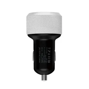 Just Mobile Highway Max Lightning V2 Autoladegerät mit dualem USB-C/USB-A-Anschluss und Oberfläche in Silber und Schwarz