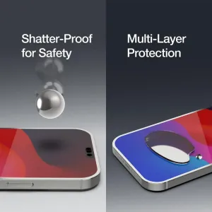Just Mobile Xkin iPhone 15 Pro Max-skærmbeskyttergrafik med flerlagsbeskyttelse og splintsikker sikkerhed