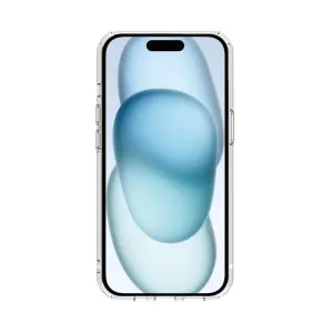 Just Mobile TENC Air transparente Schutzhülle für iPhone 15, frontal dargestellt mit erhöhten Rändern und Tastenaussparungen