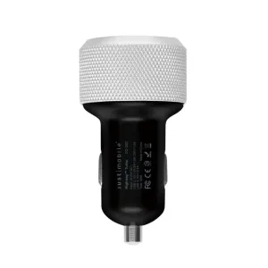 Just Mobile Highway Turbo billader i svart og sølv med doble USB-porter og metallspiss på hvit bakgrunn.