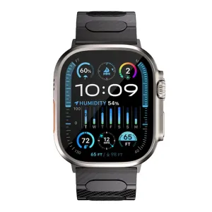 Just Mobile Apple Watch Armband aus Carbonfaser mit Magnetverschluss, abgebildet an einer Smartwatch in Schwarz.