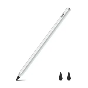 Silberner Just Mobile Eingabestift für iPad mit Präzisionsspitze und zwei Ersatzspitzen auf weißem Hintergrund