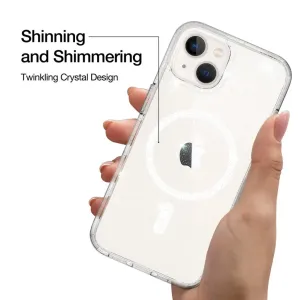 Just Mobile TENC MagSafe-Hülle für iPhone 14 in transparenter Glitzeroptik mit erhöhter Kameraaussparung