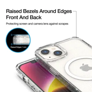 Just Mobile TENC transparente Glitzer-MagSafe-Hülle für iPhone 14, mit erhöhten Rändern und einem Kameraausschnitt
