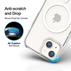 Just Mobile TENC iPhone 14 MagSafe-Hülle mit transparenter Glitzeroberfläche, Ecken mit Luftpolsterung und erhöhtem Kamerarand