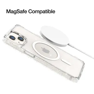 Transparente Just Mobile TENC-Hülle für iPhone 14, abgebildet mit MagSafe-Ladegerät und Apple-Logo, MagSafe-kompatibel