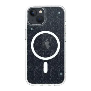 Just Mobile TENC transparente Glitzerhülle mit MagSafe-Ring für iPhone 14, gezeigt auf der Rückseite eines iPhone