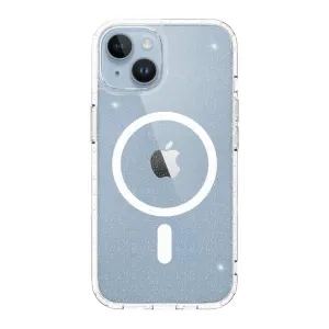 Transparente Just Mobile TENC MagSafe-Hülle für das iPhone 14, mit Glitzer-Finish, erhöhten Rändern und Kameraausschnitt.