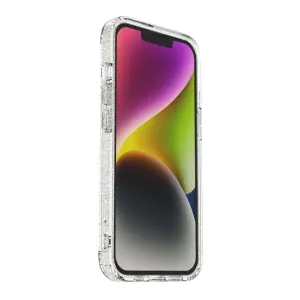 Just Mobile TENC transparente Glitzerhülle mit MagSafe für iPhone 14, auf einem aufrecht stehenden iPhone gezeigt