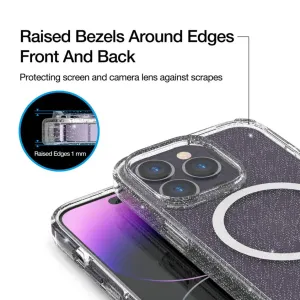 Just Mobile TENC MagSafe case for iPhone 14 Pro in clear glitter finish with raised bezels and camera protection