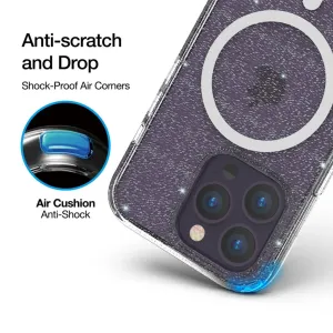 Just Mobile TENC MagSafe case for iPhone 14 Pro with clear glitter finish, raised edges, and air-cushion corners.