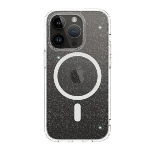 Just Mobile TENC MagSafe case for iPhone 14 Pro, clear with speckled finish and MagSafe ring.