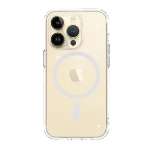 Just Mobile TENC MagSafe case on iPhone 14 Pro, clear slim design with MagSafe ring and raised camera protection