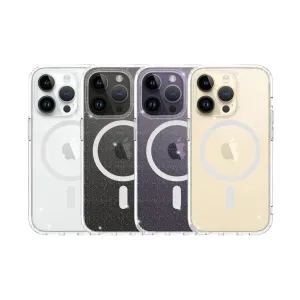 Just Mobile TENC MagSafe Case for iPhone 14 Pro shown in four colors with clear edges and MagSafe ring