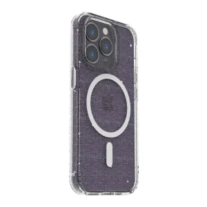 Just Mobile TENC MagSafe case for iPhone 14 Pro, clear glitter finish with MagSafe ring and raised camera cutout.