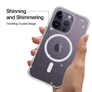 Just Mobile TENC MagSafe case for iPhone 14 Pro with crystal-clear glitter finish and wireless charging support