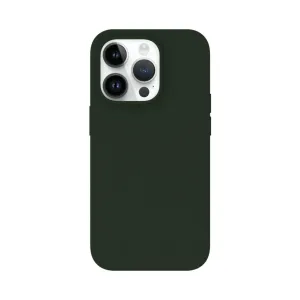Just Mobile TENC silicone case for iPhone 14 Pro in dark green, with raised camera cutout and slim matte finish