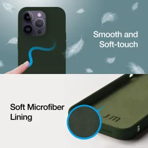 Just Mobile TENC silicone case for iPhone 14 Pro in dark green, shown with interior lining and camera cutout details