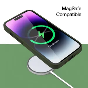 Just Mobile TENC silicone case for iPhone 14 Pro in dark green, shown with MagSafe-compatible wireless charging.