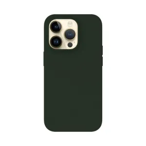 Just Mobile TENC Silicone Case for iPhone 14 Pro in dark green, shown from the back with raised camera cutout