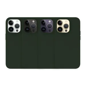 Just Mobile TENC Silicone Case for iPhone 14 Pro shown in dark green, with slim matte finish and large camera cutout