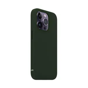 Just Mobile TENC Silicone Case for iPhone 14 Pro in dark green, with raised camera cutout and slim matte finish