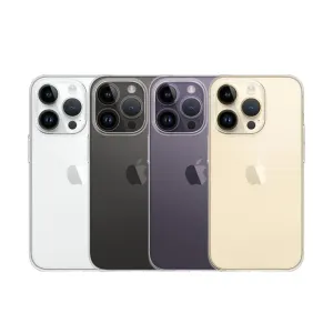 Coque iPhone fine Just Mobile présentée sur quatre coloris d’iPhone 14 Pro, avec protection TENC transparente et bord surélevé autour de l’appareil photo