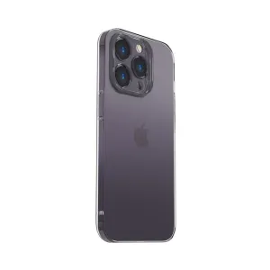 Coque transparente Just Mobile pour iPhone avec protection surélevée de l’appareil photo, présentée sur un iPhone 14 Pro