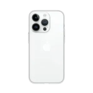 Just Mobile TENC Slim Fit genomskinligt skal på iPhone 14 Pro, med tunn skyddande passform och kamerautskärning.