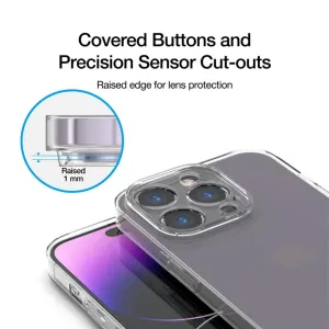Just Mobile TENC Slim Fit-skal för iPhone 14 Pro Max med upphöjd kamerakant, täckta knappar och precisa utskärningar.