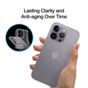 Just Mobile tENC Slim Fit Case på iPhone 14 Pro Max, visar ett klart, tunt skyddande skal med kamerautskärning