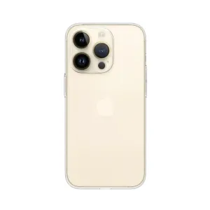 Just Mobile TENC Slim Fit genomskinligt skal på iPhone 14 Pro, som visar slimmad passform och upphöjt kameraskydd.